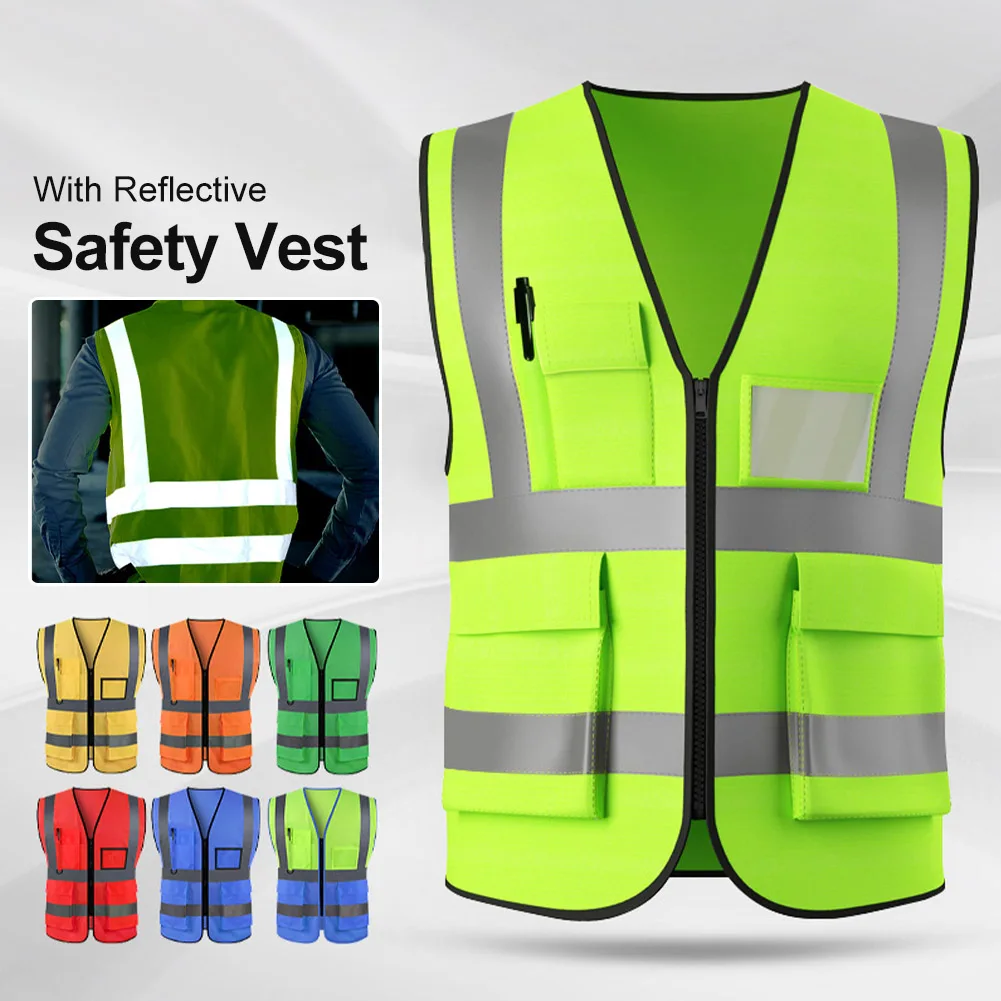 

High Visibility Safety Vest with Pocket Reflective Strips Zipper Front Safety Vest for Construction Workwear Night Riding Sports