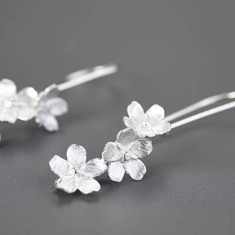 Wedding Fresh Elegant Forget-me-not Flower Long Dangle Earrings For Women 925 Sterling Silver Original Fine Jewelry