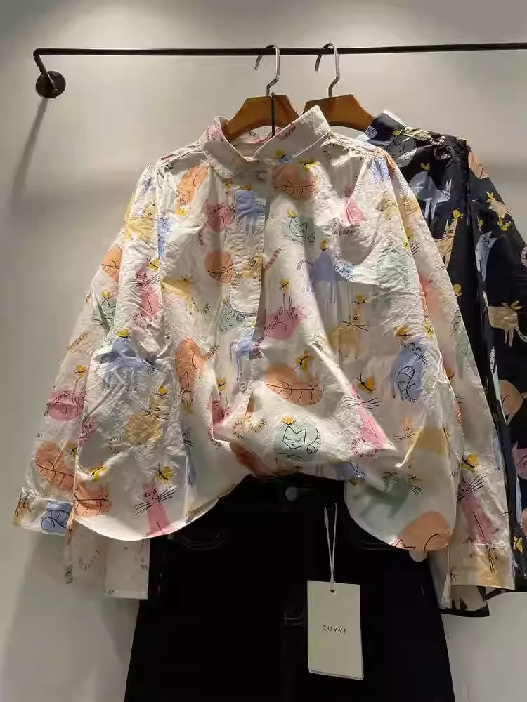 2026 Mori kei harajuku fashion cartoon printed long sleeve blouses oversized shirts for women autumn cotton oversized shirts