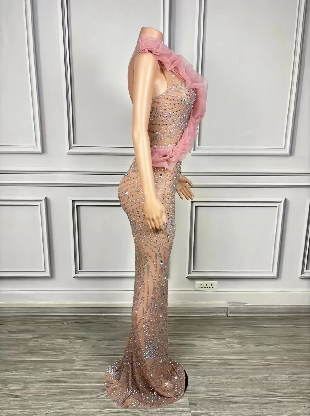 Błyszcząca sukienka z dżetów damska seksowna siateczkowa sceniczna bez rękawów przepuszczalność świętuj wieczorowy bal sukienka urodzinowa strój do sesji zdjęciowej