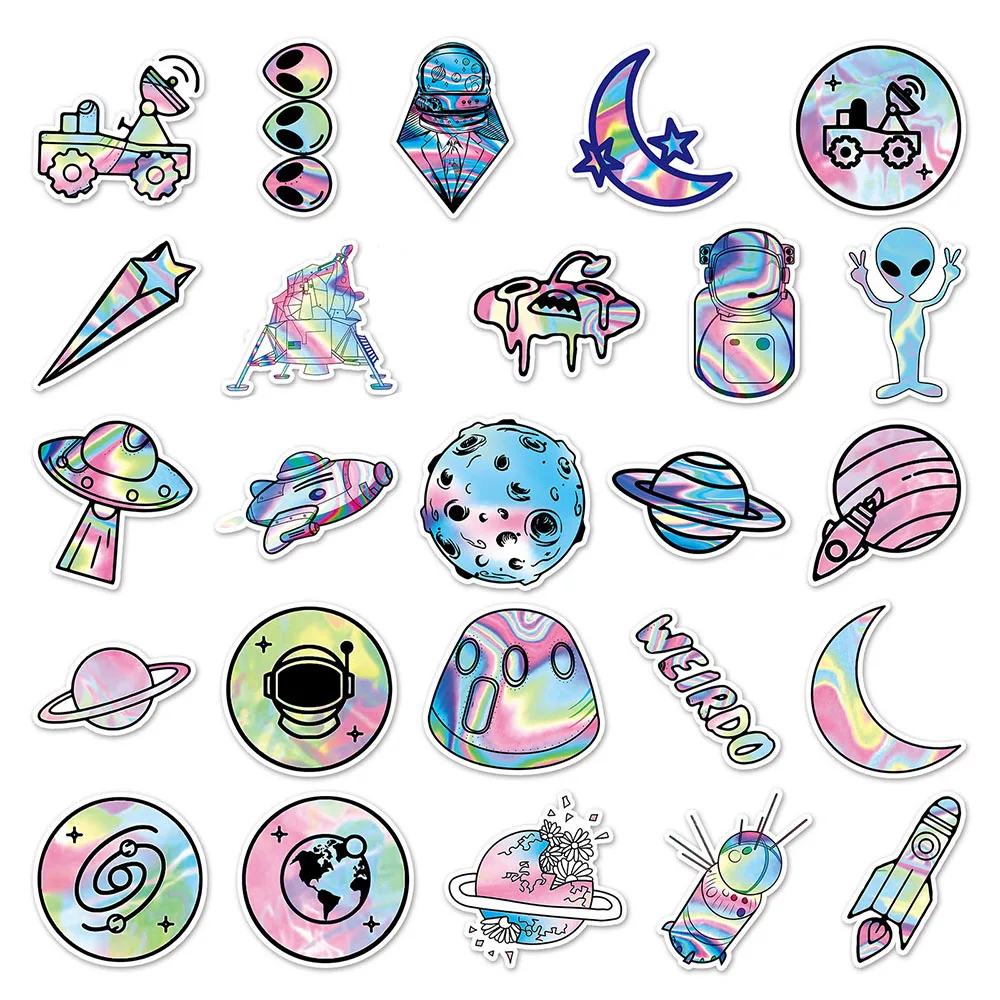

10/30/50pcs Laser Outer Space Astronaut Alien Stickers Funny Cartoon Decals Motorcycle Phone Luggage Cool Sticker Decoration Toy