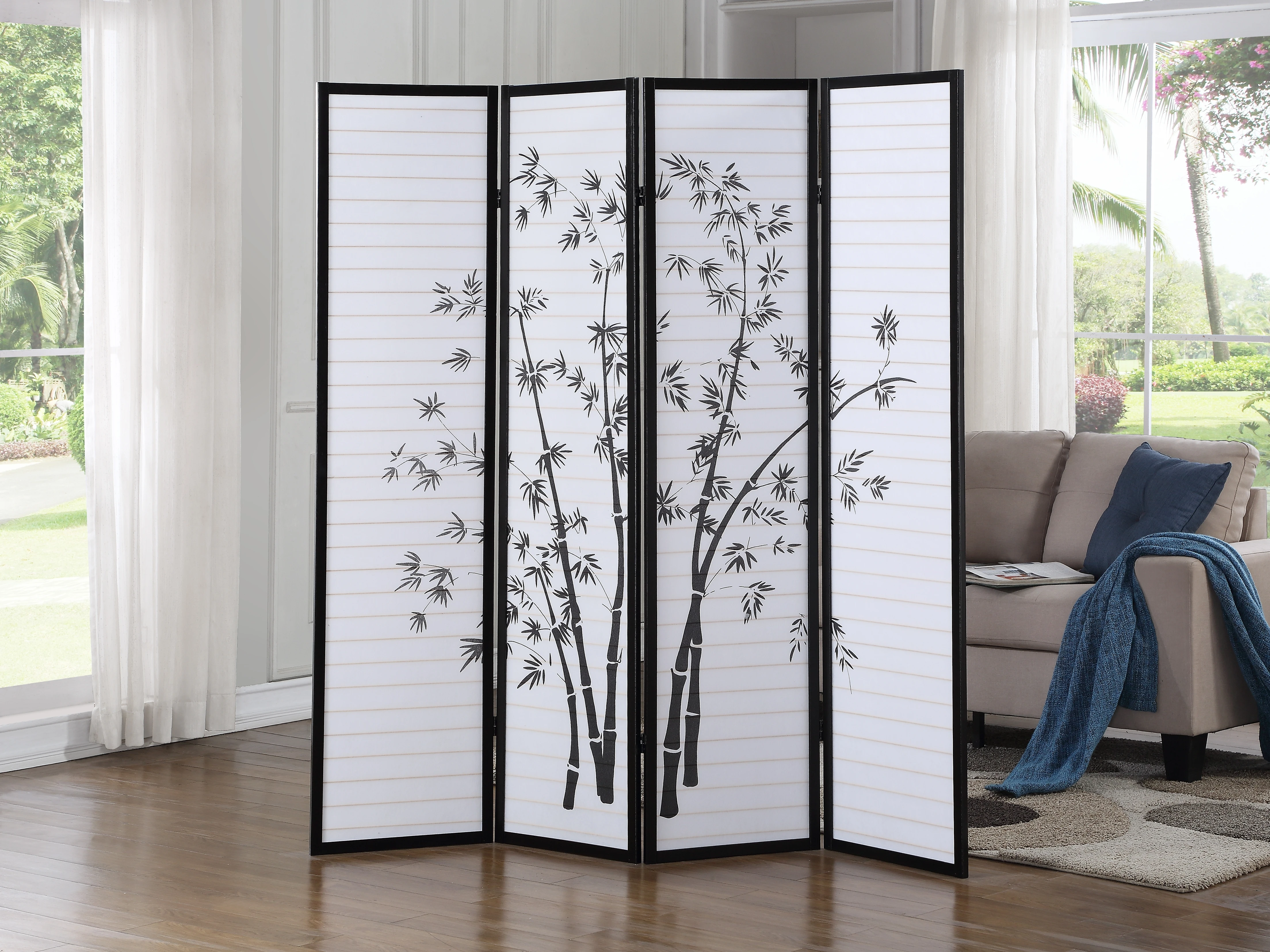 Bamboo Print 4-Panel Framed Room Screen/Divider, Black