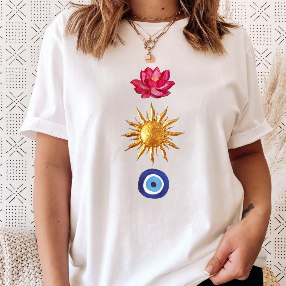 Lotus Sun Evil Eye Graphic Tee Sacred Symbols Spiritual Protection Yoga Unisex Streetwear Top Fashion Cotton Short-sleeve Tee