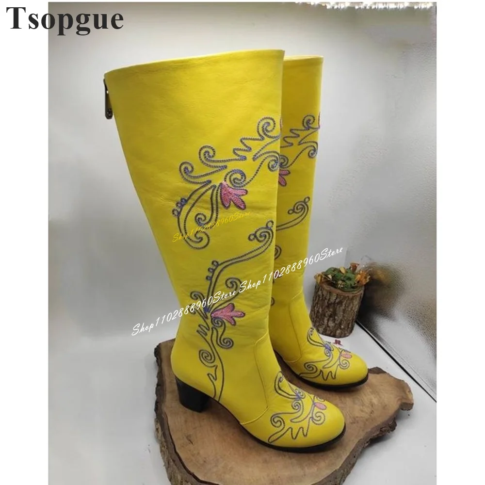 Botas altas para o joelho com estampa azul para mulheres, sapatos de salto grosso, zíper traseiro, dedo redondo, elegante, na moda, 2024