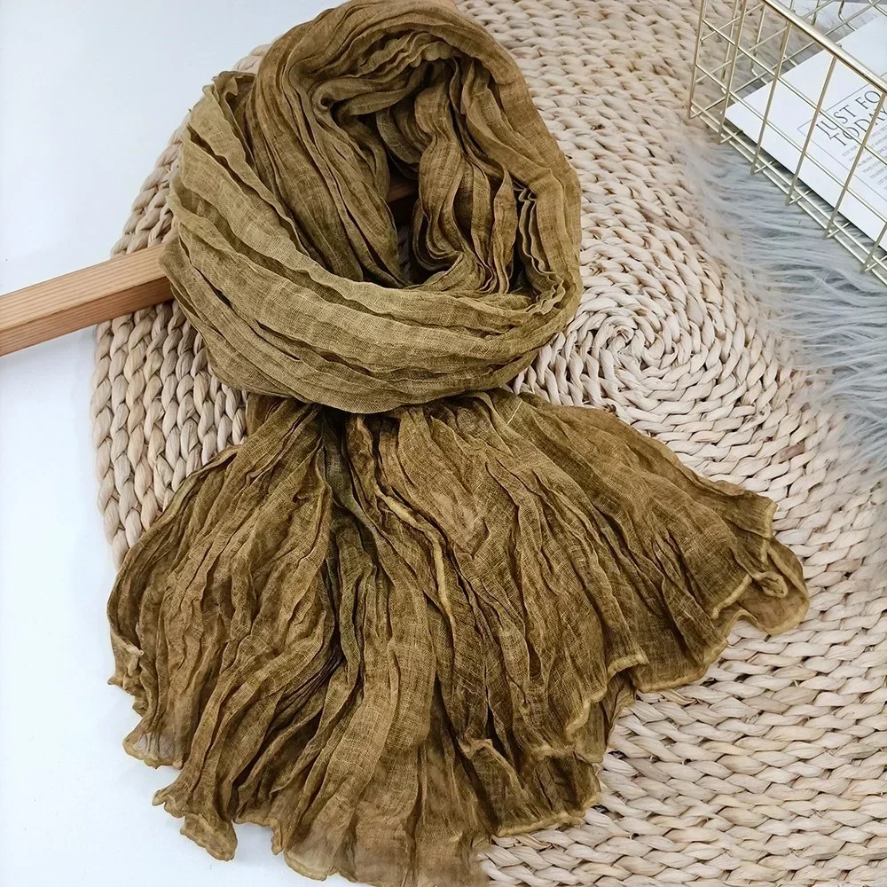 Cotton Linen Scarf Solid Color Female Literary Texture Fold Length Thin Fried Dough Twists Ethnic Spring Autumn Winter Shawls