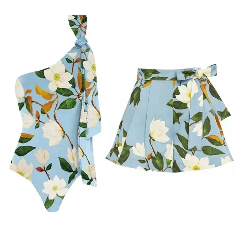

2024 Ethnic Printed One Piece Swimsuit and Skirt Women Swimwear Bodysuit Dress