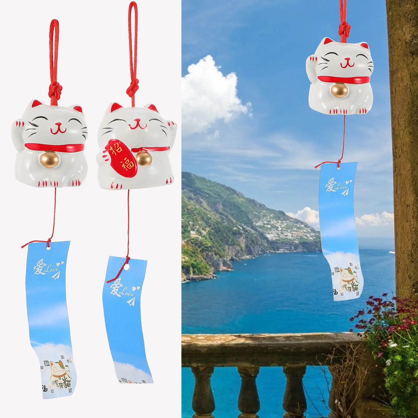 2Pcs Ceramic Fortune Cat Wind Chime Lucky Feng Shui Charm for Indoor Outdoor Decor Brighten Living Space Garden Pathway Gift