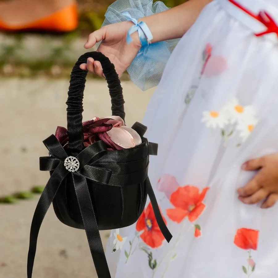 2 Pcs Wedding Black Flower Girl Basket Gothic Flower Basket for Wedding Ceremony Satin Rhinestone with Handle for Petals Confet