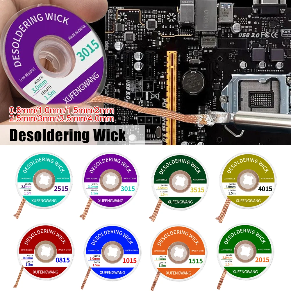 Solder Wick Braid, No Clean Flux, 0.8-4.0mm Width, Desoldering, Solder Remover Ribbon, Oxygen-free Copper Bobbin, 1.5m Long