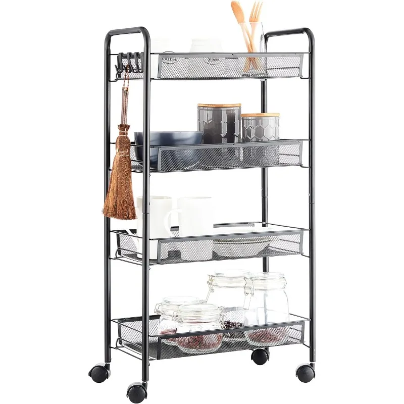 

Rolling Utility Storage Rack Cart on Wheels, Trolley Carft cart, Multi-Purpose Organizer Shelf (Black, 4 Tier)…