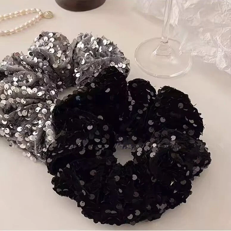 NEW Velvet Sequin Hair Scrunchies For Women Black Hairband Girls Head Rope High Ponytail Durable Loop Hair Accessories