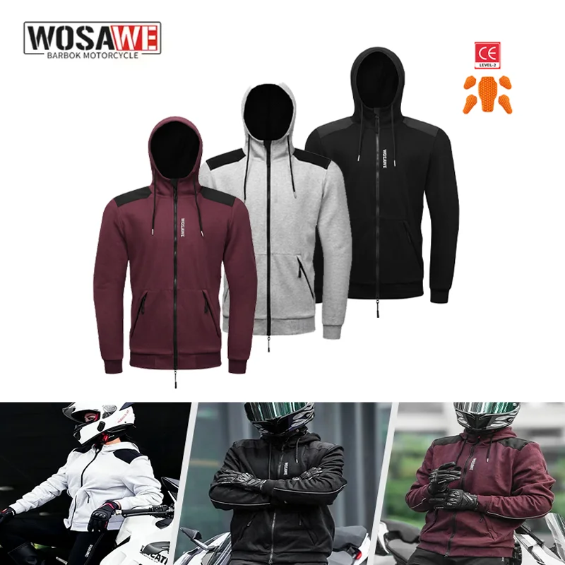 WOSAWE Men Motorcycle Riding Hoodie Jacket Winter Warm Full Zip Coat with Removable Back Shoulder Elbow Pads Moto Biker Gear