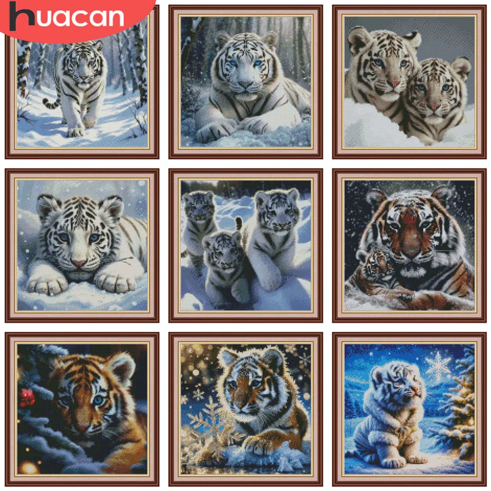 HUACAN 11CT Christmas Embroidery Winter Tiger Animal Cross Stitch Kit Snow Printed Canvas 11CT Hand Sewing Home Decor Items