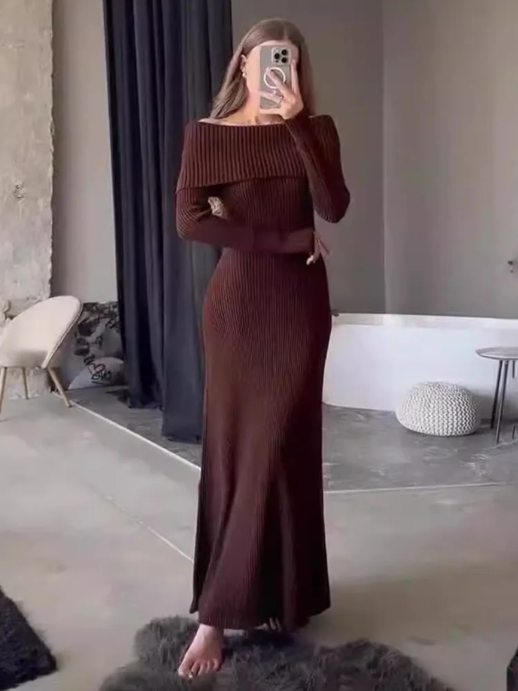 TARUXY Sexy One-shoulder Knitted Dress Women\'s Long-sleeved Elegant Slim Maxi Sweater Dress Autumn Winter Solid Color 2024 New