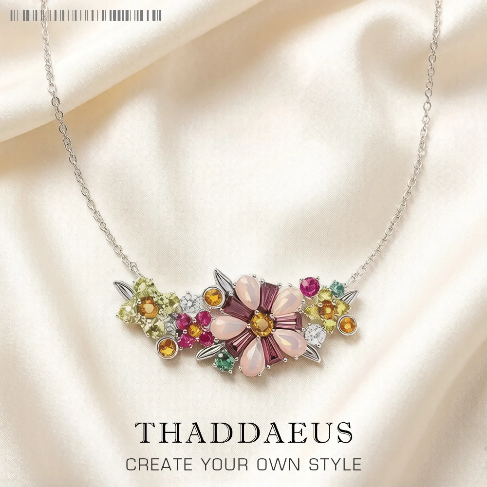 

Necklace Flowers Colourful Stones Brand New Link Chain Fine Jewelry Europe 925 Stering Silver Romantic Gift For Women
