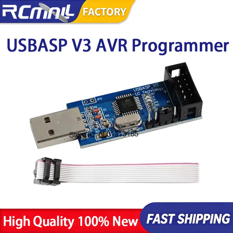 USBASP V3 AVR Programmer USB ISP Downloader for 51 AVR MCU with 10PIN to 6PIN Adapter Board Compatible with STK500 Protocol