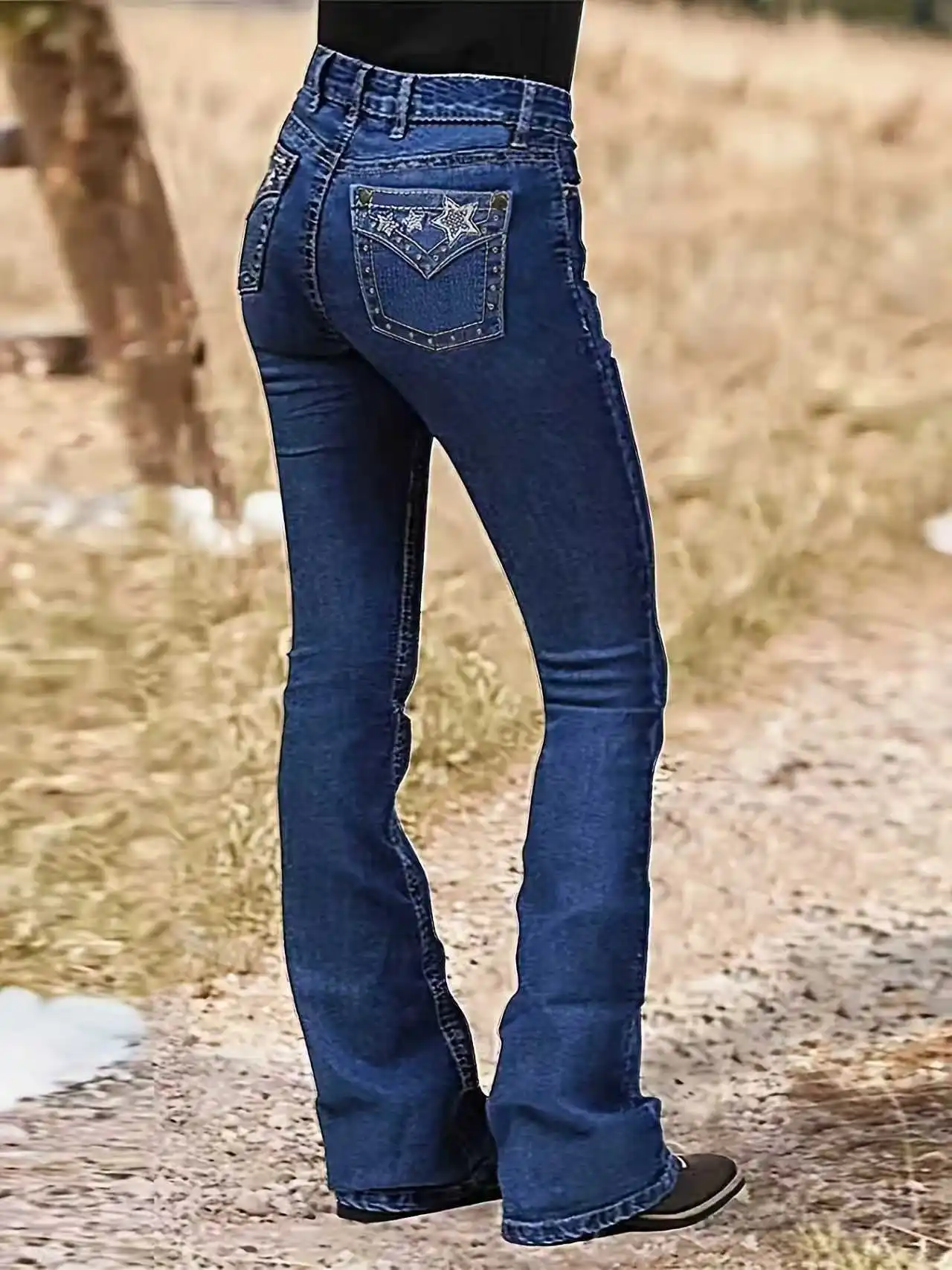 Ladies' dark blue slimming studded denim long pants, retro style, mid-rise, elastic, with star embroidery, slightly flared jeans