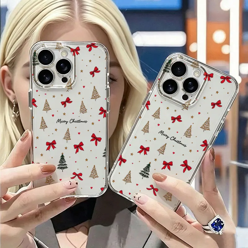 Funda transparente para iPhone 11, 12, 13, 14, 15, 16, 17 Pro, 18 Pro Max, 16E, Air, X, XS, XR, 7, 8 Plus, SE2, con diseño de lazo rojo navideño y protección contra golpes.