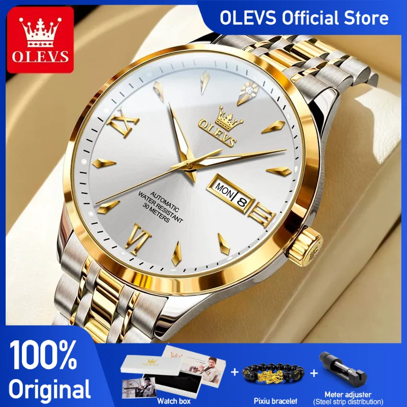 OLEVS-Montre mécanique automatique étanche pour homme, montre-bracelet Shoous, date et semaine, mode simple, marque supérieure, originale