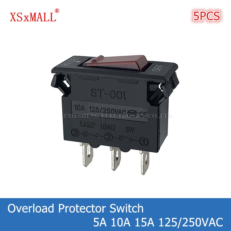 5PCS ST-001 Wyłącznik przeciążeniowy 5A 10A 15A 125/250VAC 3 PIN 2-pozycyjny przycisk czerwonego światła LED Przełącznik kołyskowy