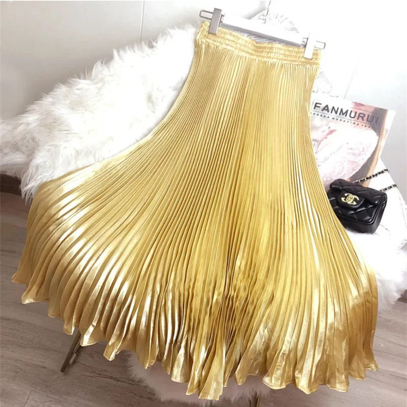 

2024 Fashion Glossy Satin Pleated Skirt Women Summer Elastic Waist Dance A-line Skirts Female Reflective Long Mermaid Skirt F819