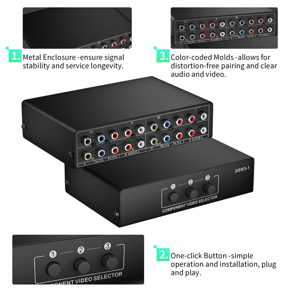 3-Way RGB Component AV Switch Video Audio Selector للتلفزيون 360 Wii DVD_BSH