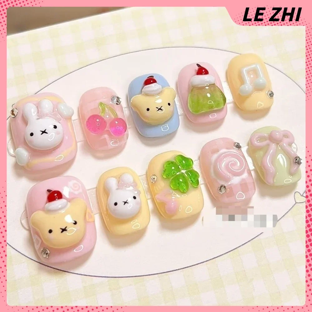 Sweet Cute Cartoon Rilakkuma Square Round Almond False Nails 3D Kawaii Animal Rabbit Cat Bear Bow Full Cover Nails