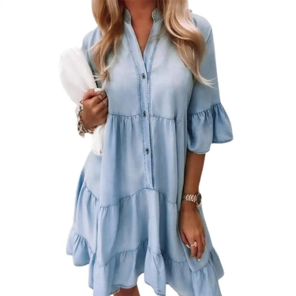 

2024 New Cotton Denim Women Dress Solid Color Mid Sleeves A-line Pattern Above Knee Stand Collar Ruffle Shirt Dress Daily Clothe