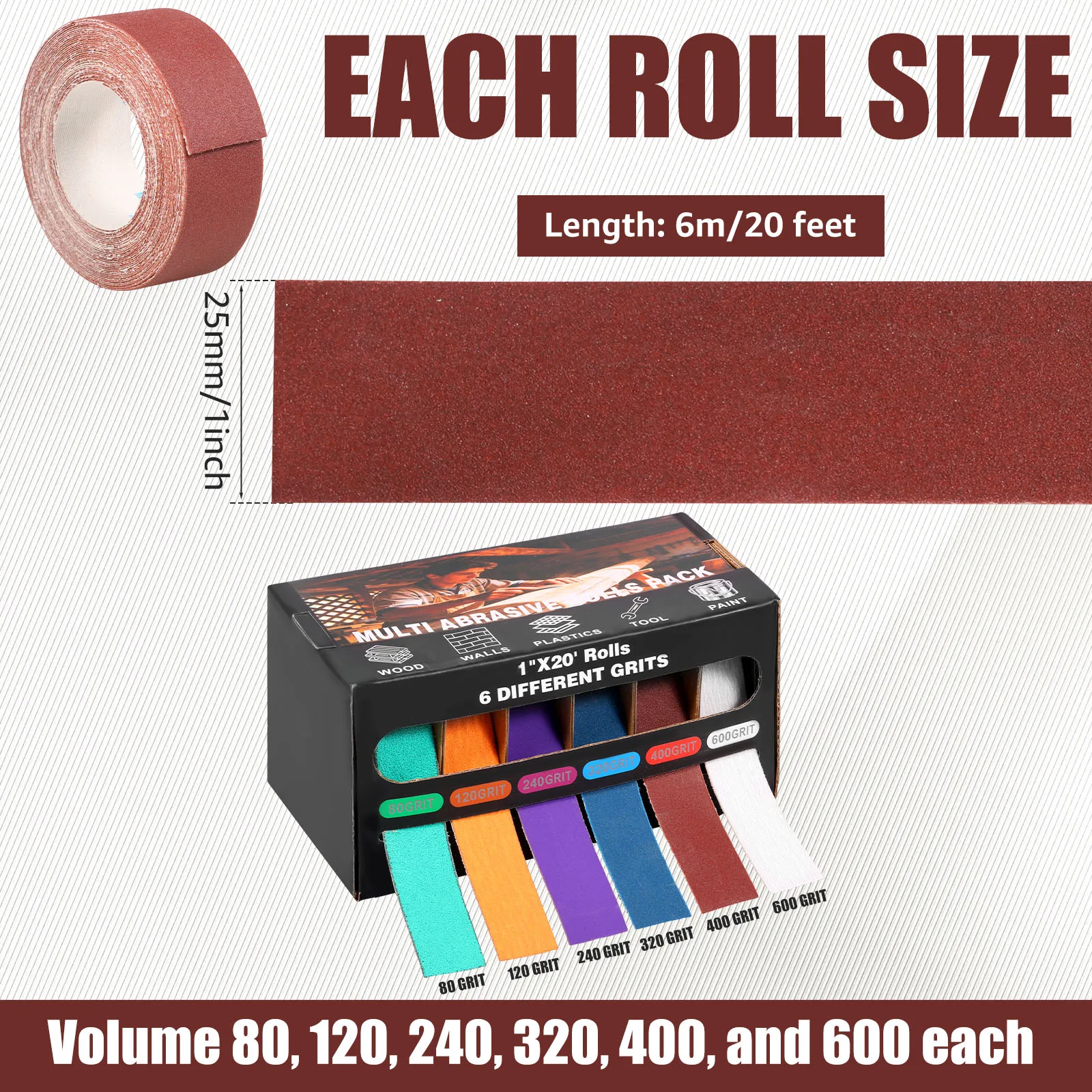 6Pcs 1 Inch x 20 Feet Emery Cloth Sandpaper Roll Set 80-600 Grit Wet Dry Abrasive Sanding Belt with Dispenser Box for Wood DIY