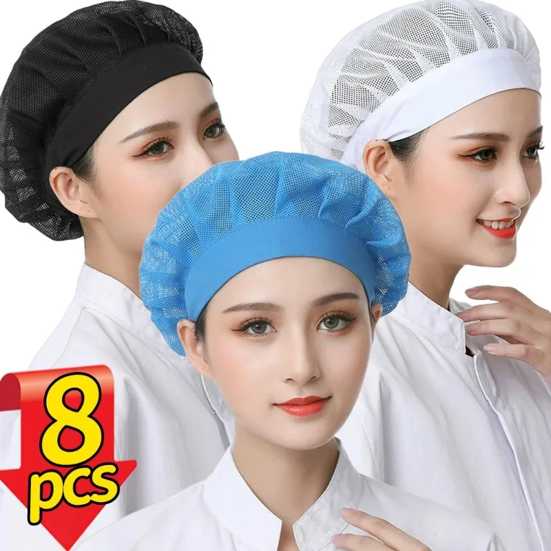 1/8Pcs Mesh Kitchen Work Hats Multicolor Food Service Net Restaurant Hotel Bakery Waiter Work Caps Unisex Adjustable Chef Hat