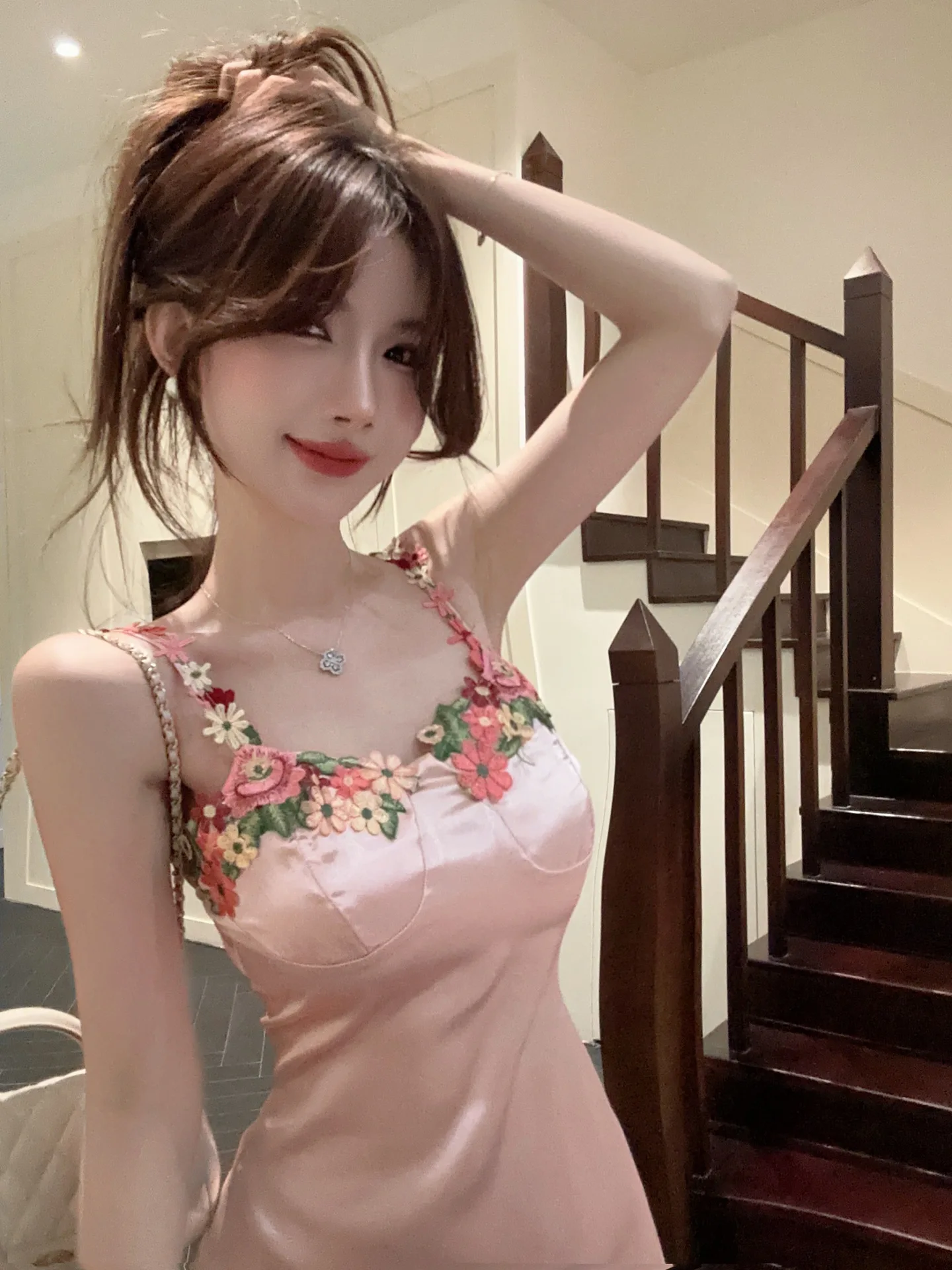 2024 Summer Sexy Pure Desire Three-dimensional Flower V-neck Cinching Waist Wrap Hip Slim Pink Sling A-line Short Dress TEWD