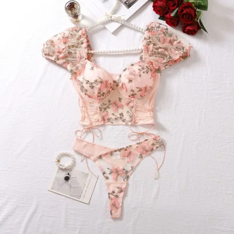 CHUANGERM-Malha Bordados Femininos Ver Através De Lingerie Sexy, Kit De Conjunto De Roupa Interior Íntima Sensual, Fino, Borboleta, Bandagem De Vaporizador