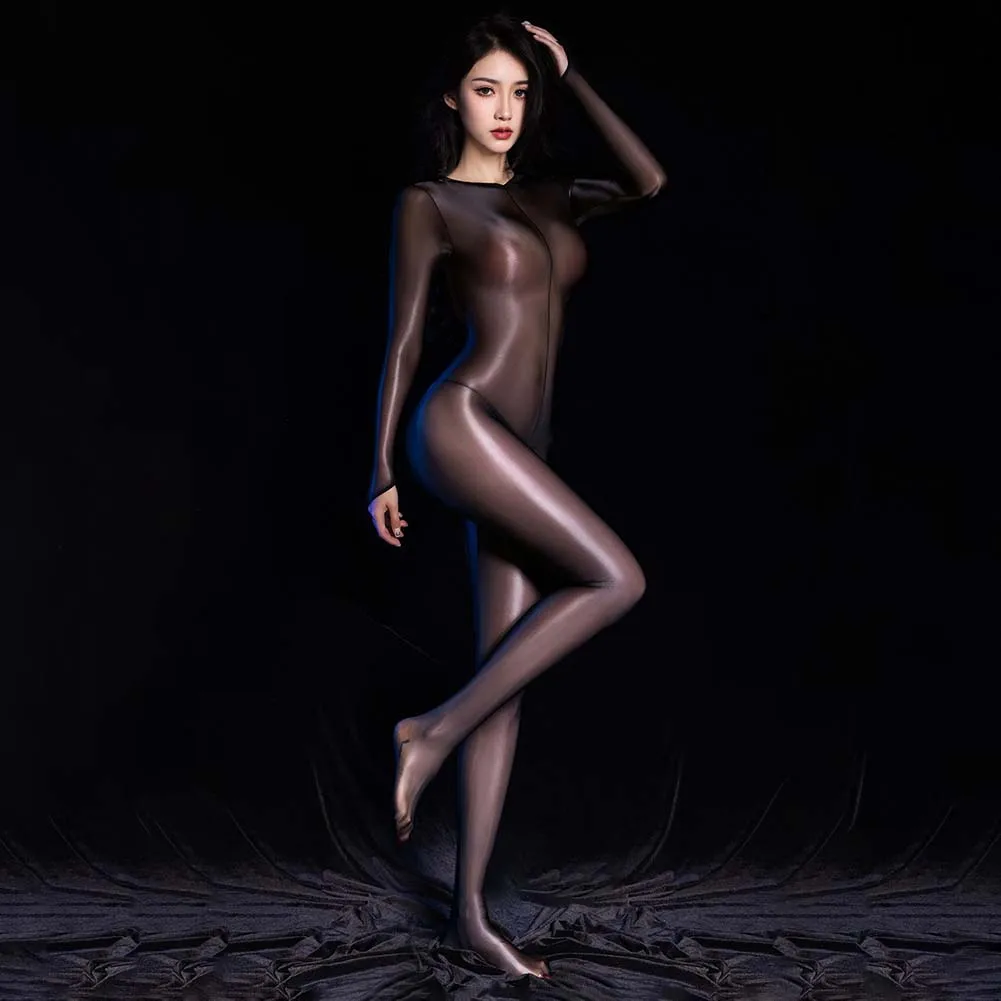 

Women‘s Sexy Lingerie Fingerless Crotchless Shiny Leotard See Through Bodysuit Female Ultra-Thin Jumpsuit Elastic Underwear