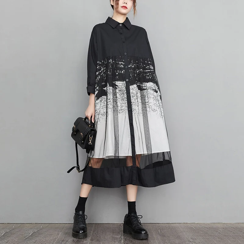 Mesh Patchwork Print Shirt Dresses For Women Long Sleeve Loose Casual Vintage Dress Fashion Elegant Clothing Spring Autumn 2026