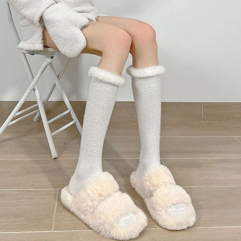 

Women Japanese Style Calf Long Socks Furry Trim Patchwork Uniform Student Solid Color Winter Stockings