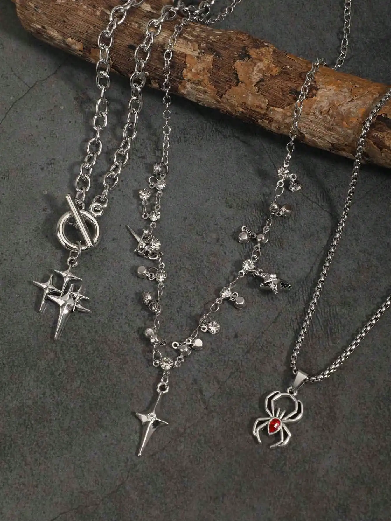 3pcs Vintage Gothic Star Studded Cross Pendant Necklace Set, Layered Rhinestone Spider Choker Necklaces For Women