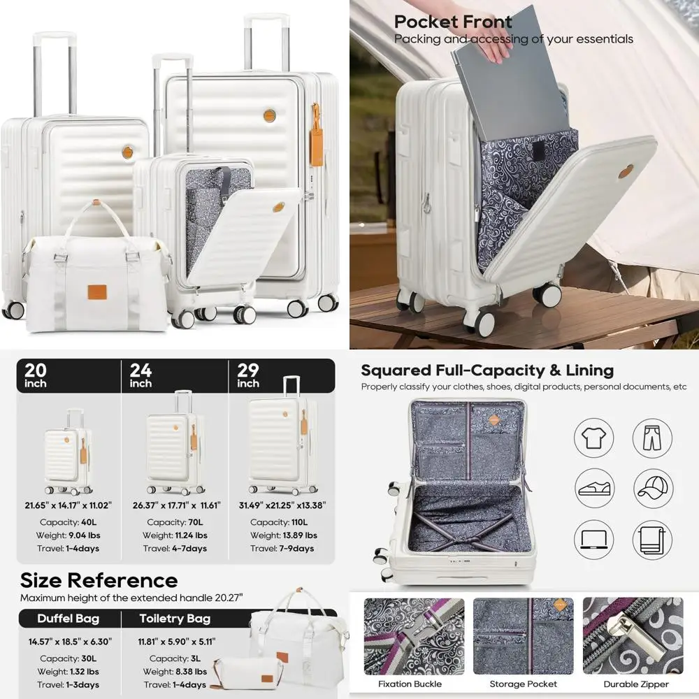

Комплект багажа из 5 предметов с передним карманом, ручной чемодан с разъемным механизмом Hardside и замком tsa, белый