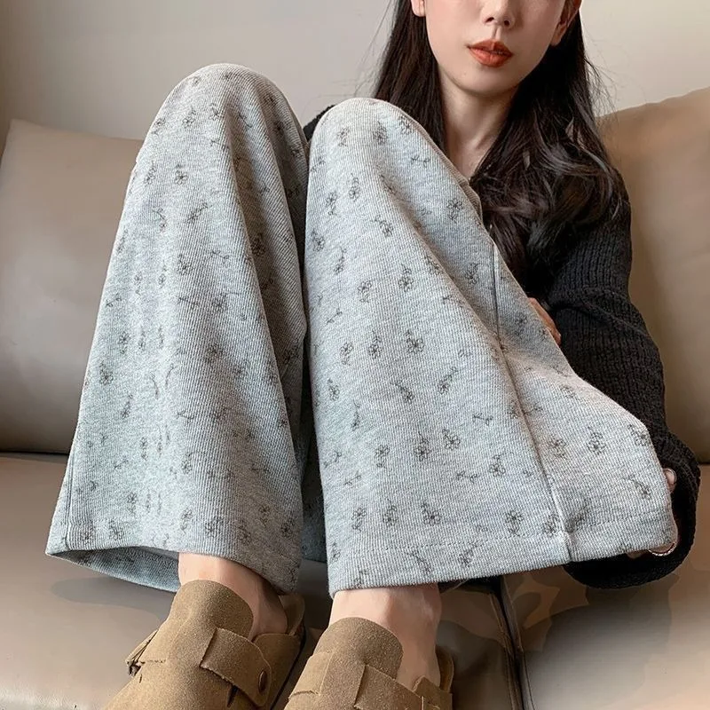 

Изысканные классические повседневные и простые широкие брюки из ледяного шелка с цветочным принтом, свободные и удобные и универсальные прямые брюки