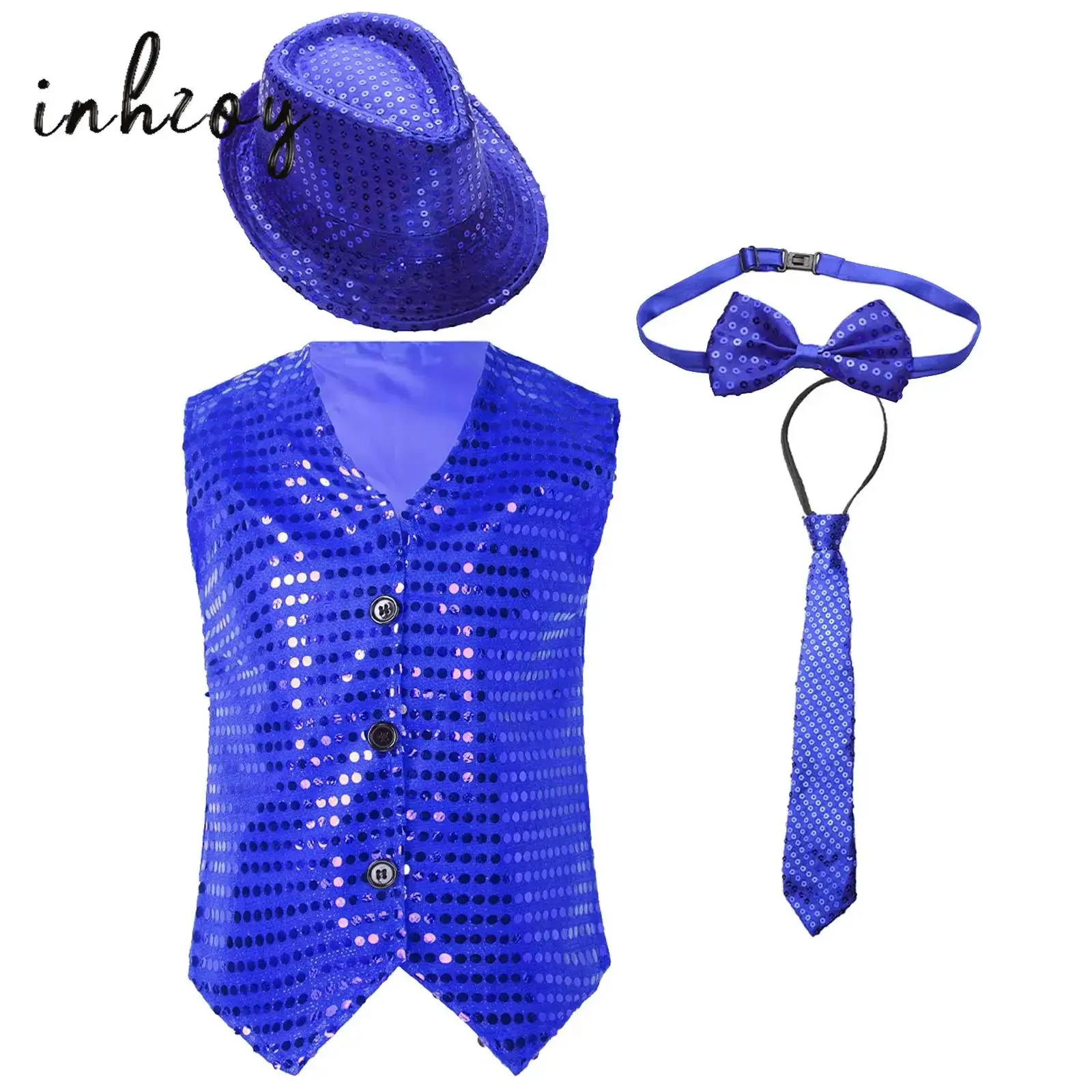 

Girls Boys Sequins Moden Jazz Hip hop Street Dance Costume Outfits Sleeveless Vest Tops Waistcoat with Hat Bowtie Necktie Set