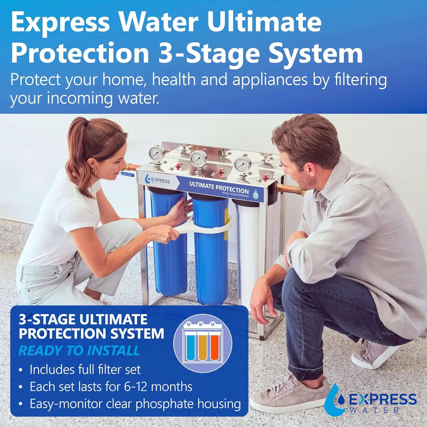 Protection Whole House Water Filter System - 3 Stage Water Filtration System Heavy Metal Anti-Scale - Pol