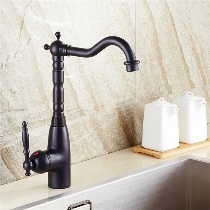 

Bath Basin Faucets Black Brass Retro Bathroom Sink Faucet Single Lever Tall Rotate Spout Deck Mounted Hot Cold Mixers Kitchen