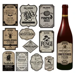 12Pcs Halloween Wine Bottle Stickers Bar Beverage Bottle Label Horror Atmosphere Skull Bat Paper Halloween Party Decor Supplies