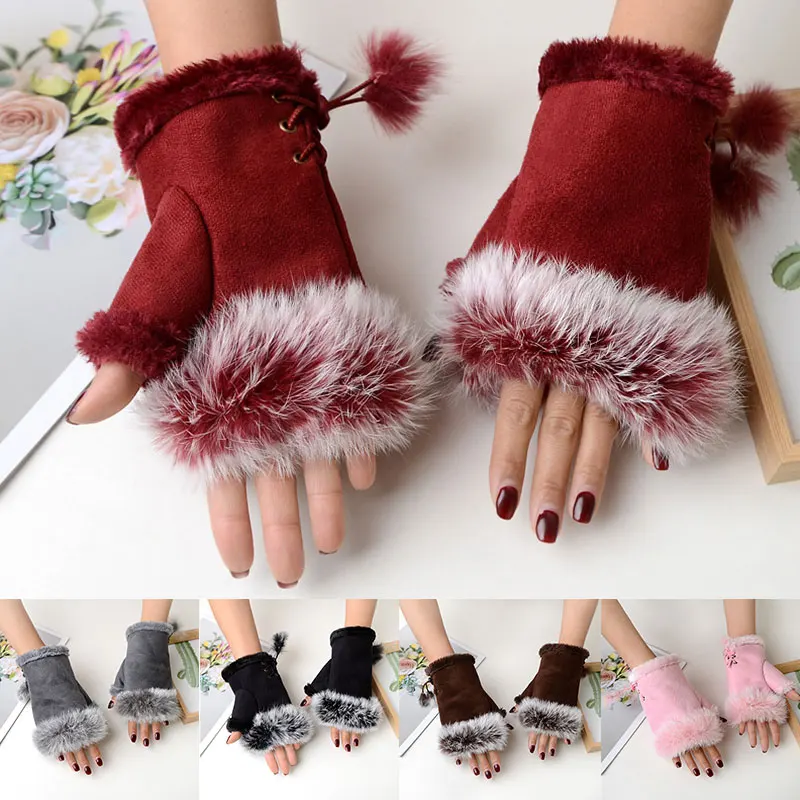 Fashion Warmth Half-Finger Gloves Women Winter Gloves Sexy Faux Rabbit Fur Hand Wrist Warmer Fingerless Gloves Mitten For Ladies