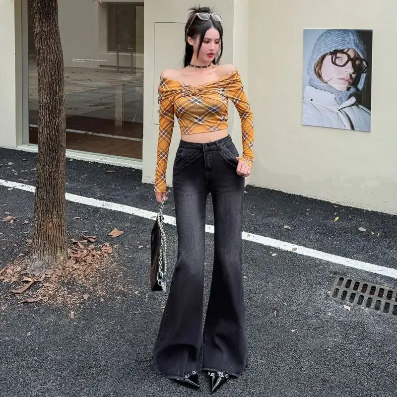 

Women's Black Gray Micro Flare Pants, High Waist, Slim Fit, Horseshoe Design, Vintage Inspired Fashion, Autumn, Y2k