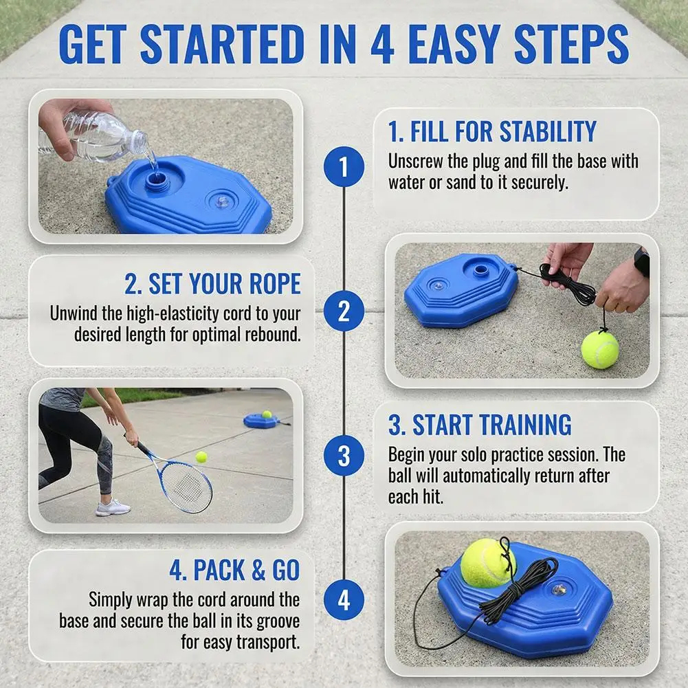 Tennis Rebound Trainer Portable Solo Tennis Practice Equipment With Elastic Rope Base Tennis Ball Rebounder For Swing Training