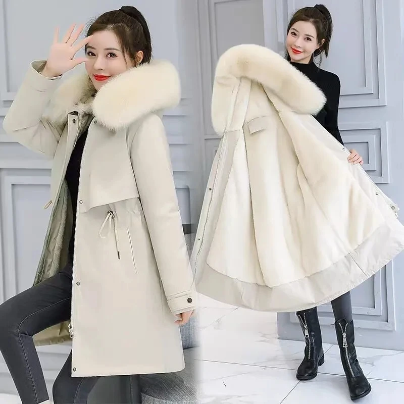 

High Quality Warm Parkas Women Winter Long Coat New With Fur Collar Warm Hooded Padded Jacket Casual Wool Liner Overcoat 6XL