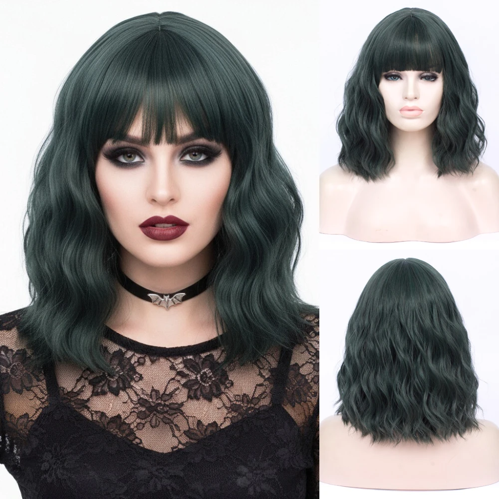 Short Synthetic Bob Green Wig with Bangs 12 Inch for Women Natural Looking Wig for Daily Cosplay Use