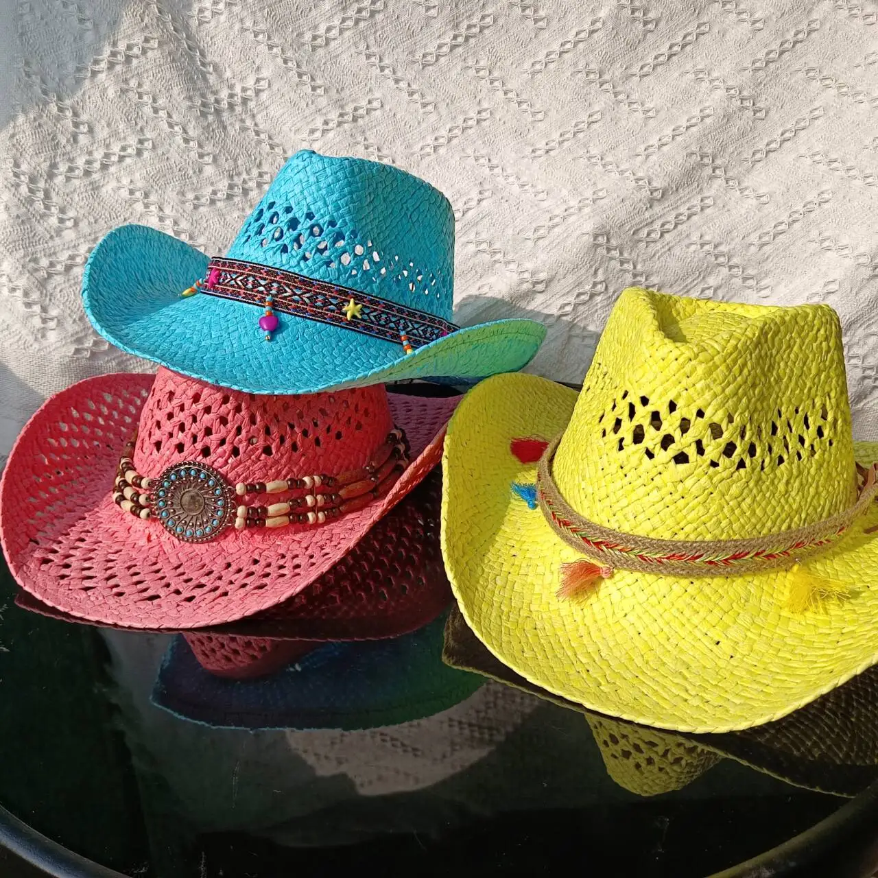 Cowboy Straw Hat Handmade Hollow Men's and Women's Summer Sun Protection Beach Hat Travel Western Cowboy Straw Hat Bikini