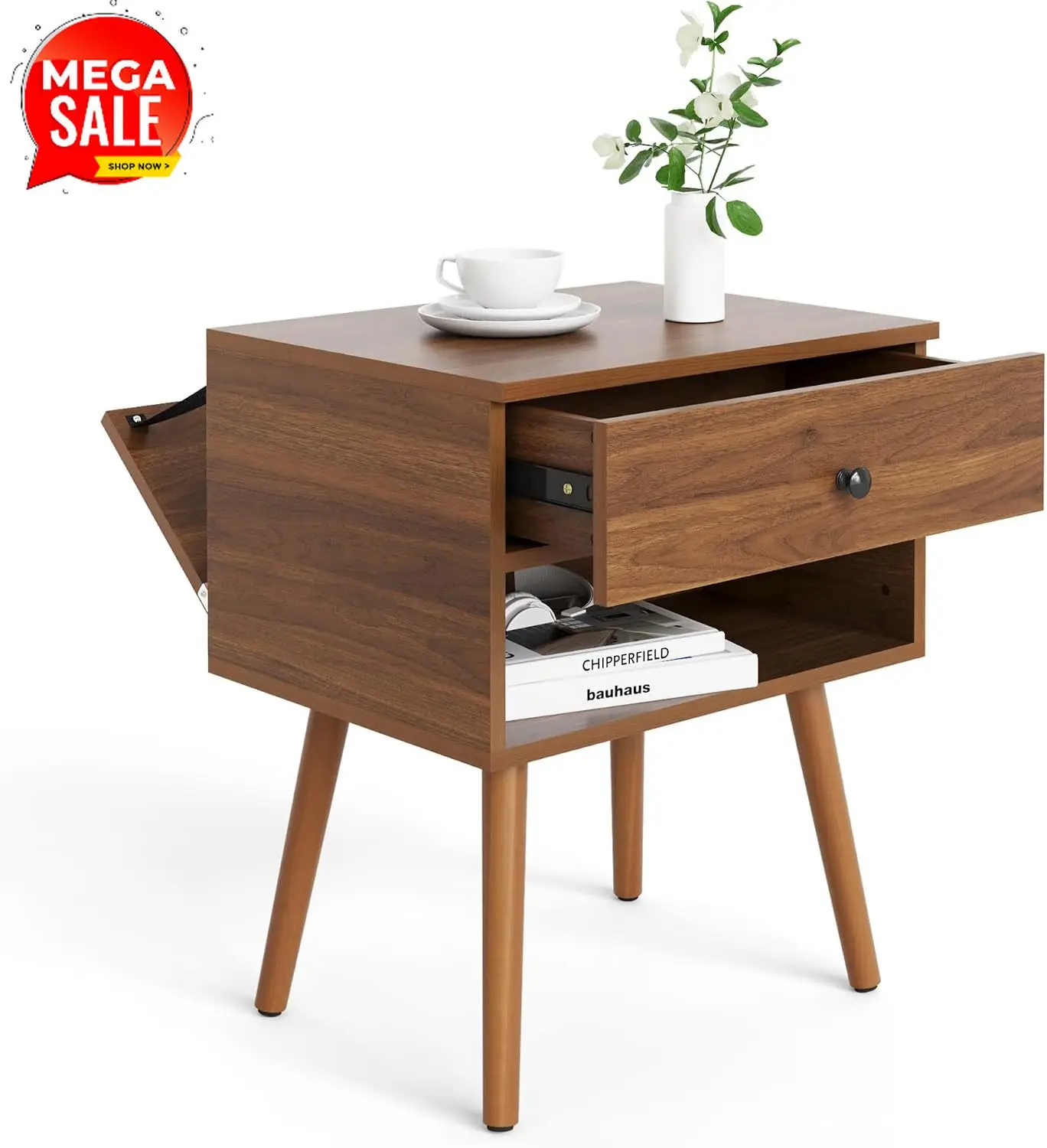 Hidden Compartment Nightstands, Mid Century Modern Concealment Furniture, Bedside Table with Wood Legs, End Table with Storage D