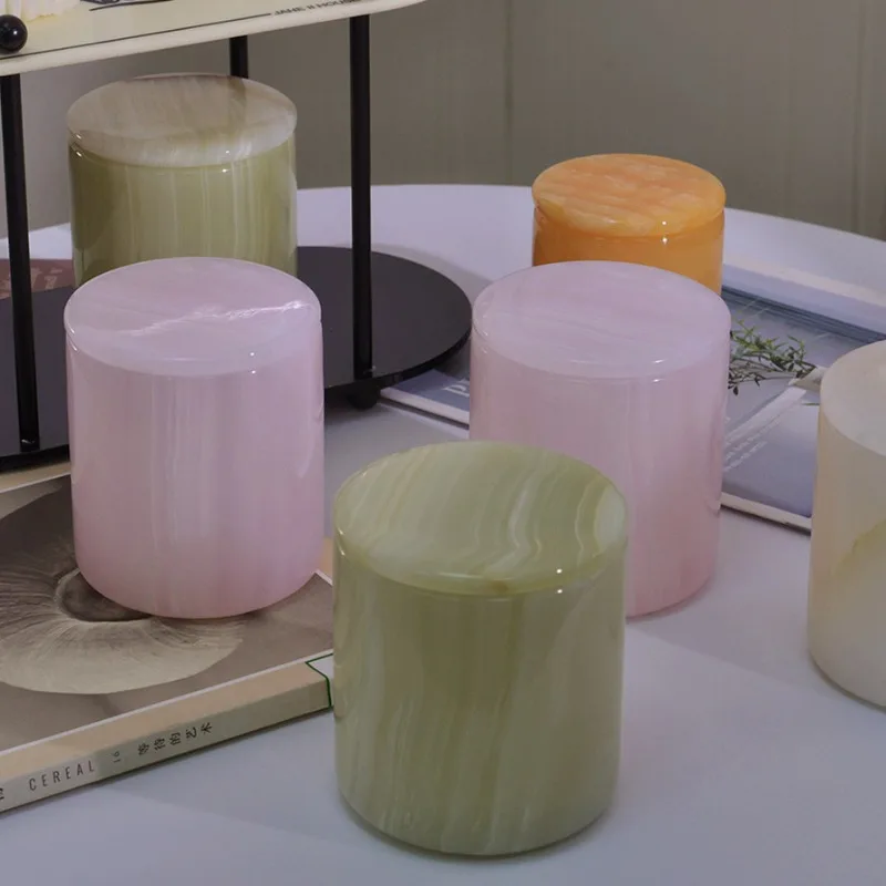 Natural jade candle cup marble decorative cup with lid powder crystal jade candle cup yellow jade agate stone jar